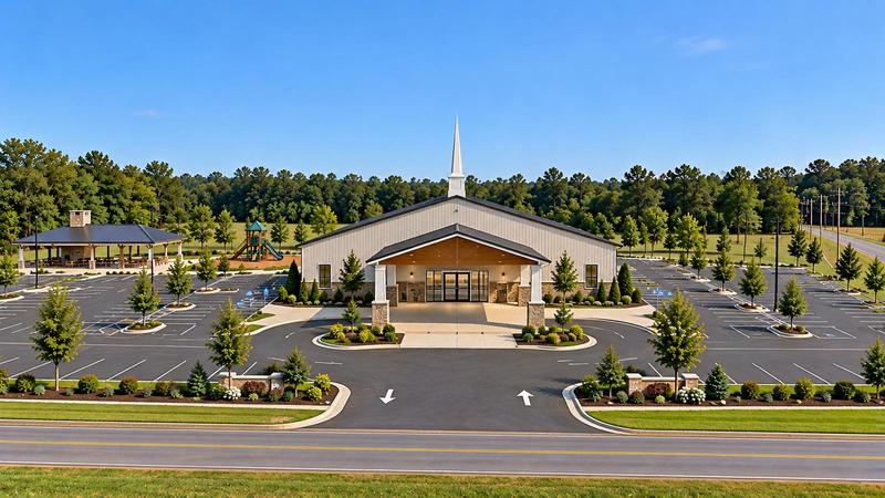 Artist’s rendering of the new Gospel Baptist Church building on Port Republic Road: a white sanctuary with a covered drop-off, landscaped parking, a pavilion and a playground