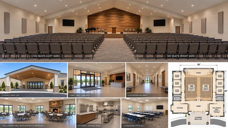 Interior renderings: the sanctuary, lobby, fellowship hall, children’s, youth and adult classrooms, nursery and restrooms