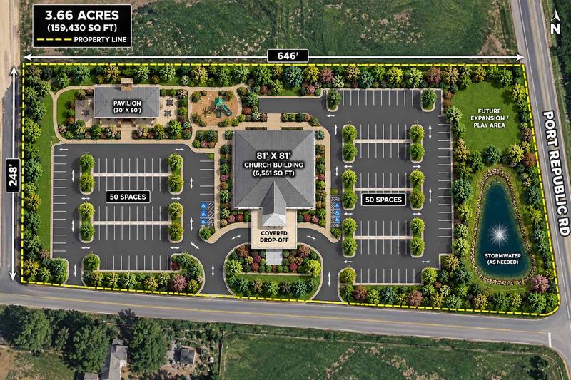 Site plan of the 3.66-acre property: 6,561 sq ft church building with covered drop-off, two 50-space parking lots, a pavilion, a playground and a future play area