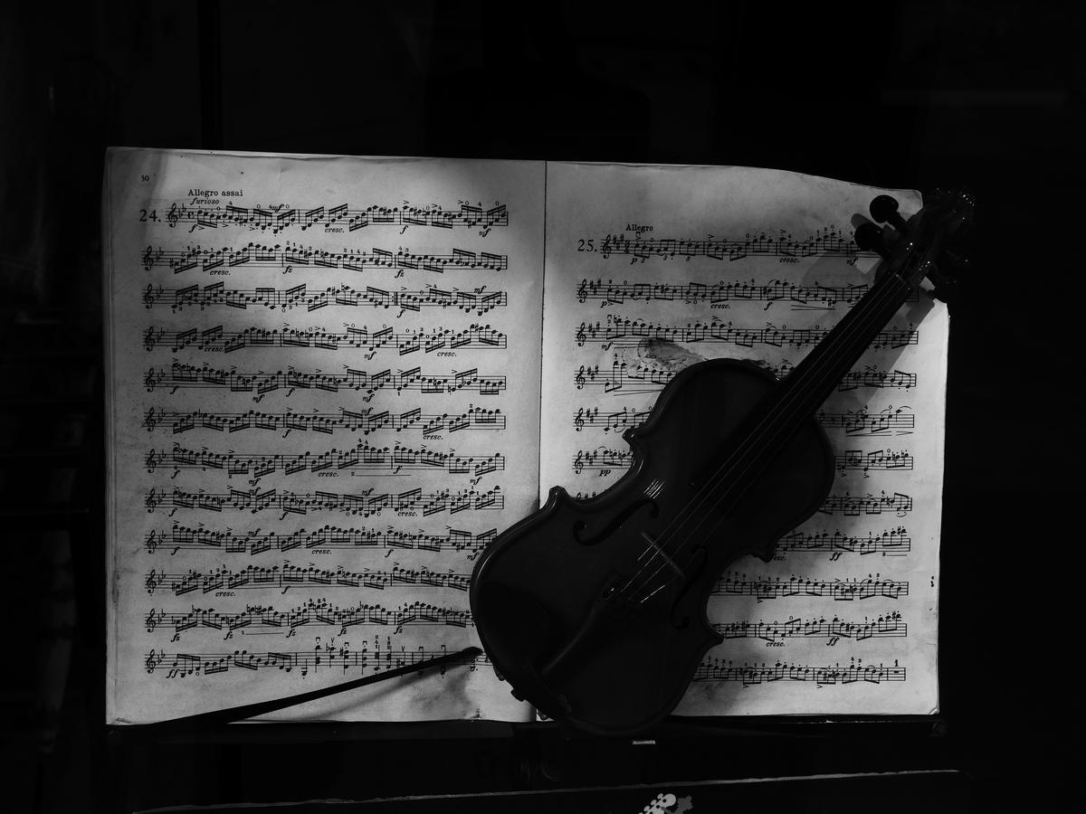 A violin resting on sheet music